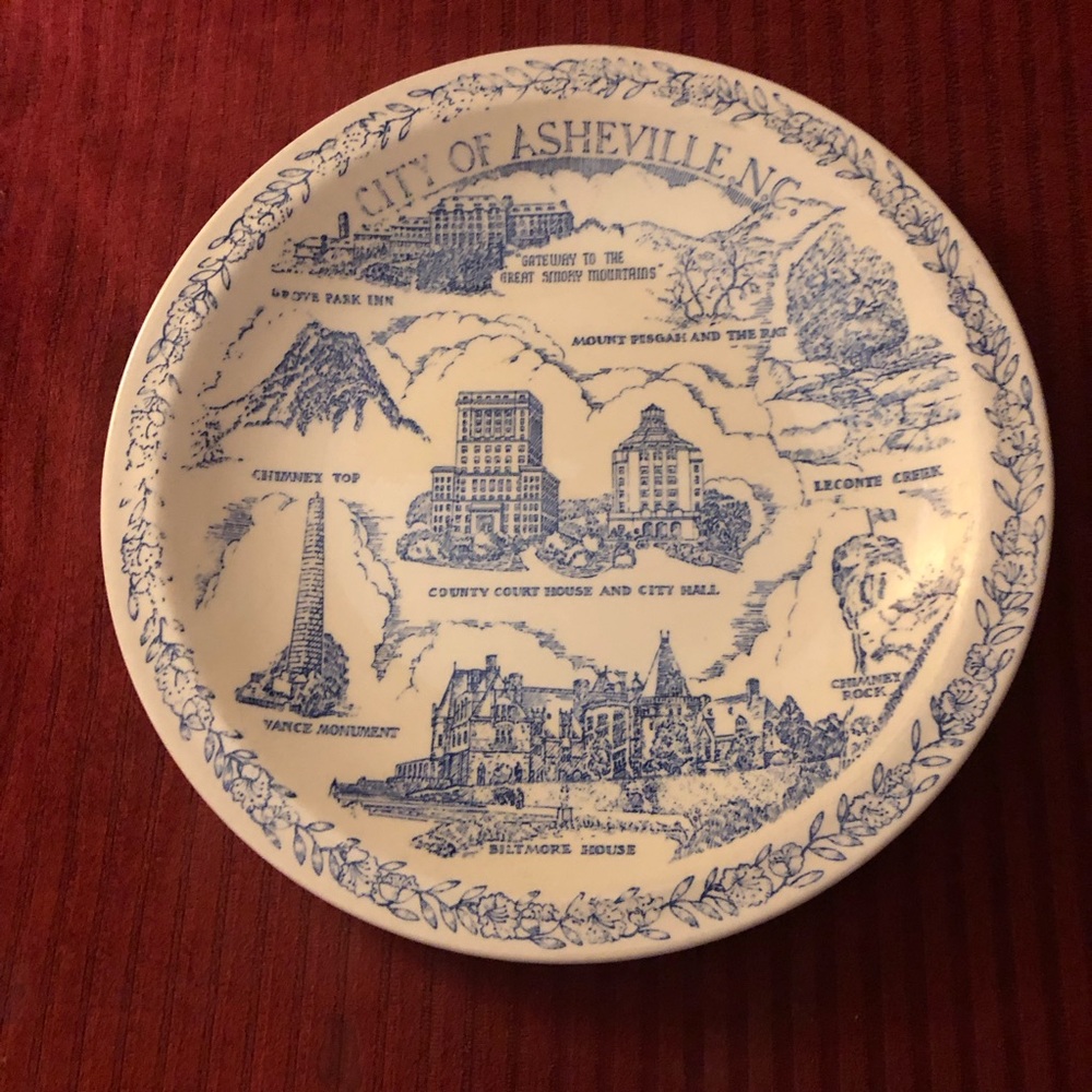 Vintage Asheville, NC Plate Travel Souvenir Smoky Mountains Blue&White Biltmore